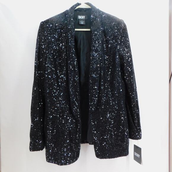 DKNY Women's Black Sequined Shaul-Collar Open Front Jacket New Size 8 - Picture 2 of 14